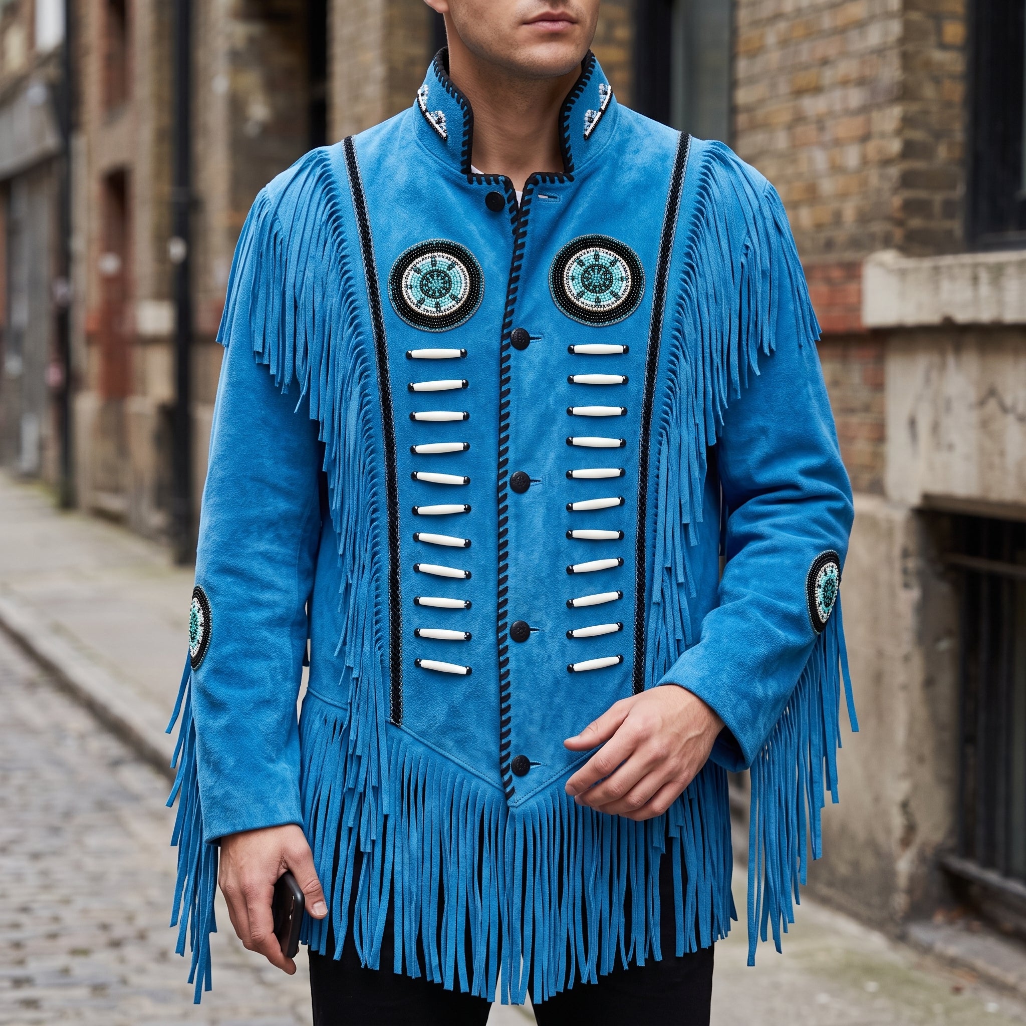 Men's Blue Fringed Suede Jacket — Cherrington