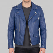 Men's Blue Leather Biker Jacket — Audley