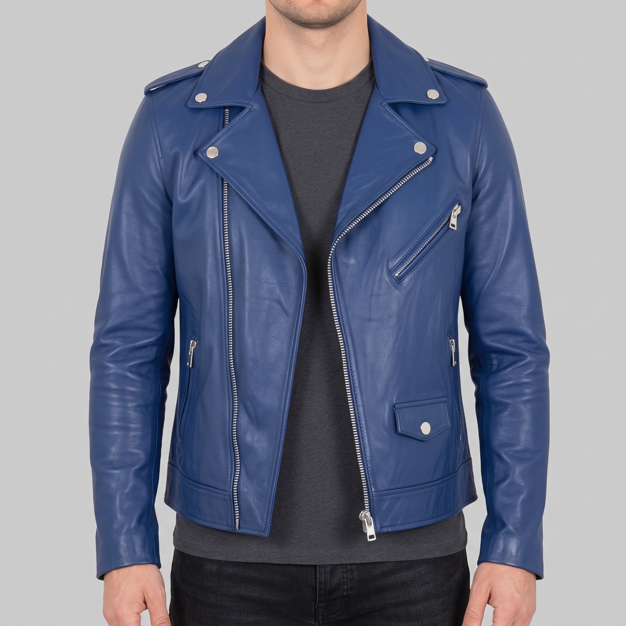 Men's Blue Leather Biker Jacket — Audley