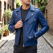Men's Blue Leather Biker Jacket — Audley