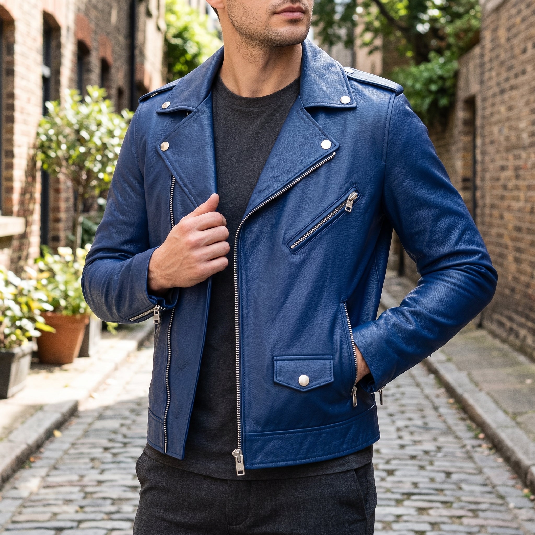 Men's Blue Leather Biker Jacket — Audley