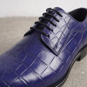 Men's Blue Plain-Toe Alligator-Embossed Leather Derbys — Gidley