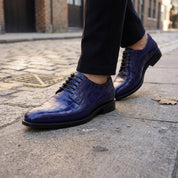 Men's Blue Plain-Toe Alligator-Embossed Leather Derbys — Gidley