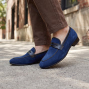 Men's Blue Plain-Toe Suede Penny Loafers — Akenside