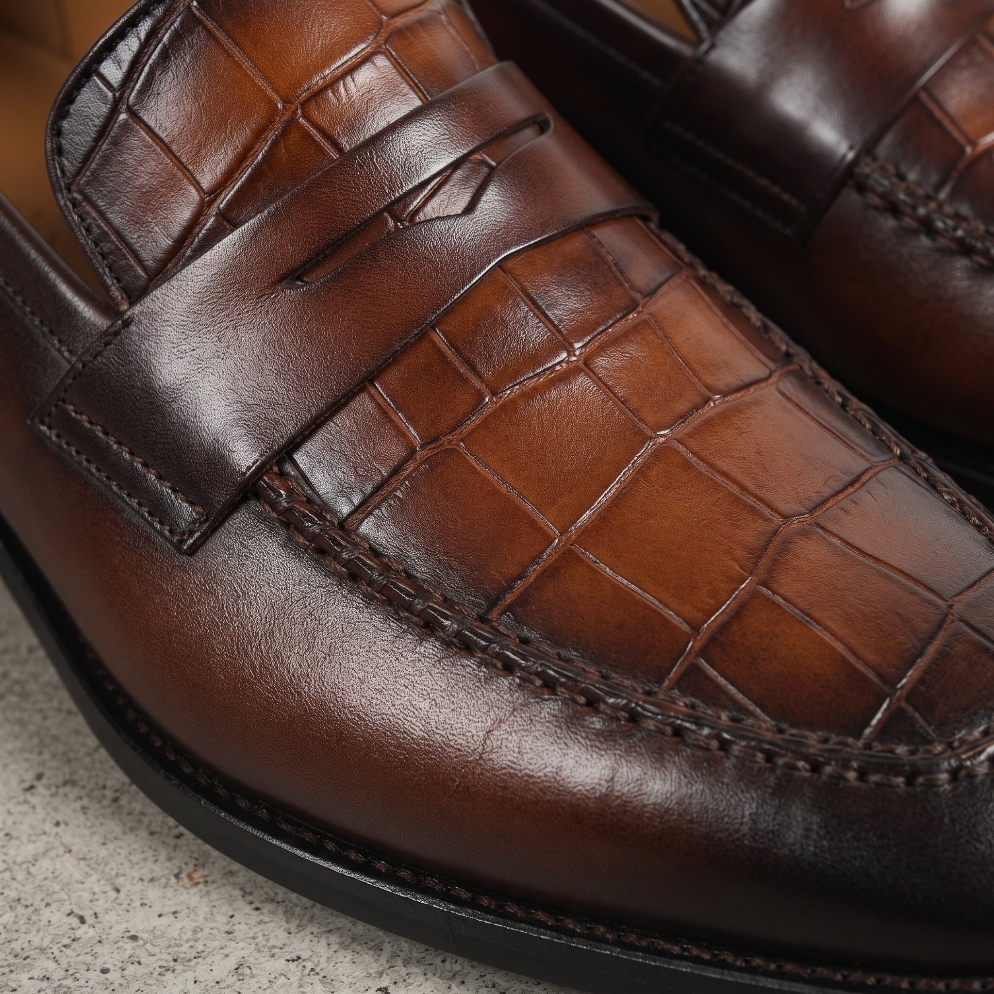 Men's Brown Alligator-Embossed Leather Penny Loafers — Chalfont
