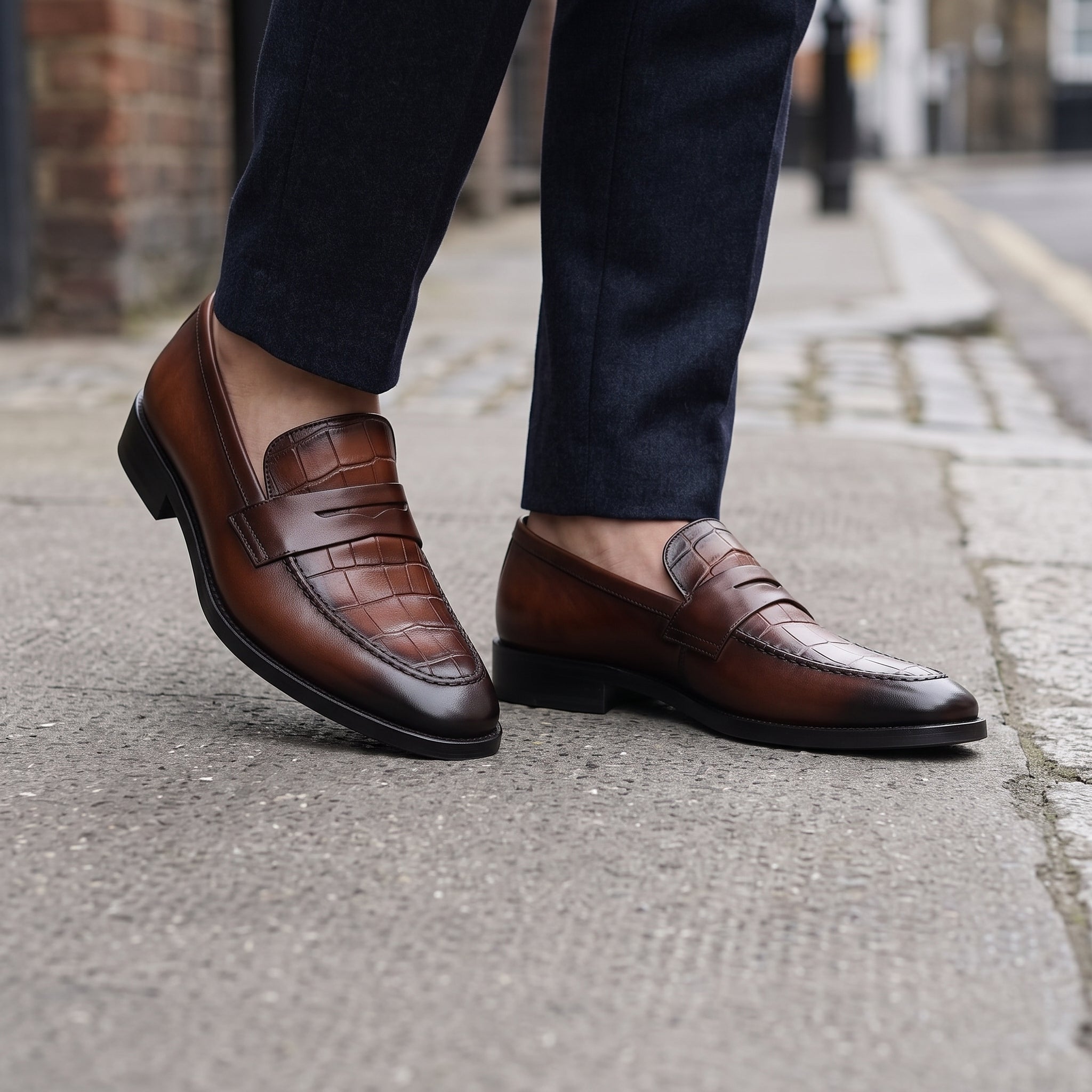 Men's Brown Alligator-Embossed Leather Penny Loafers — Chalfont