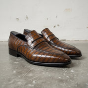 Men's Brown Alligator-Embossed Leather Penny Loafers — Harcourt