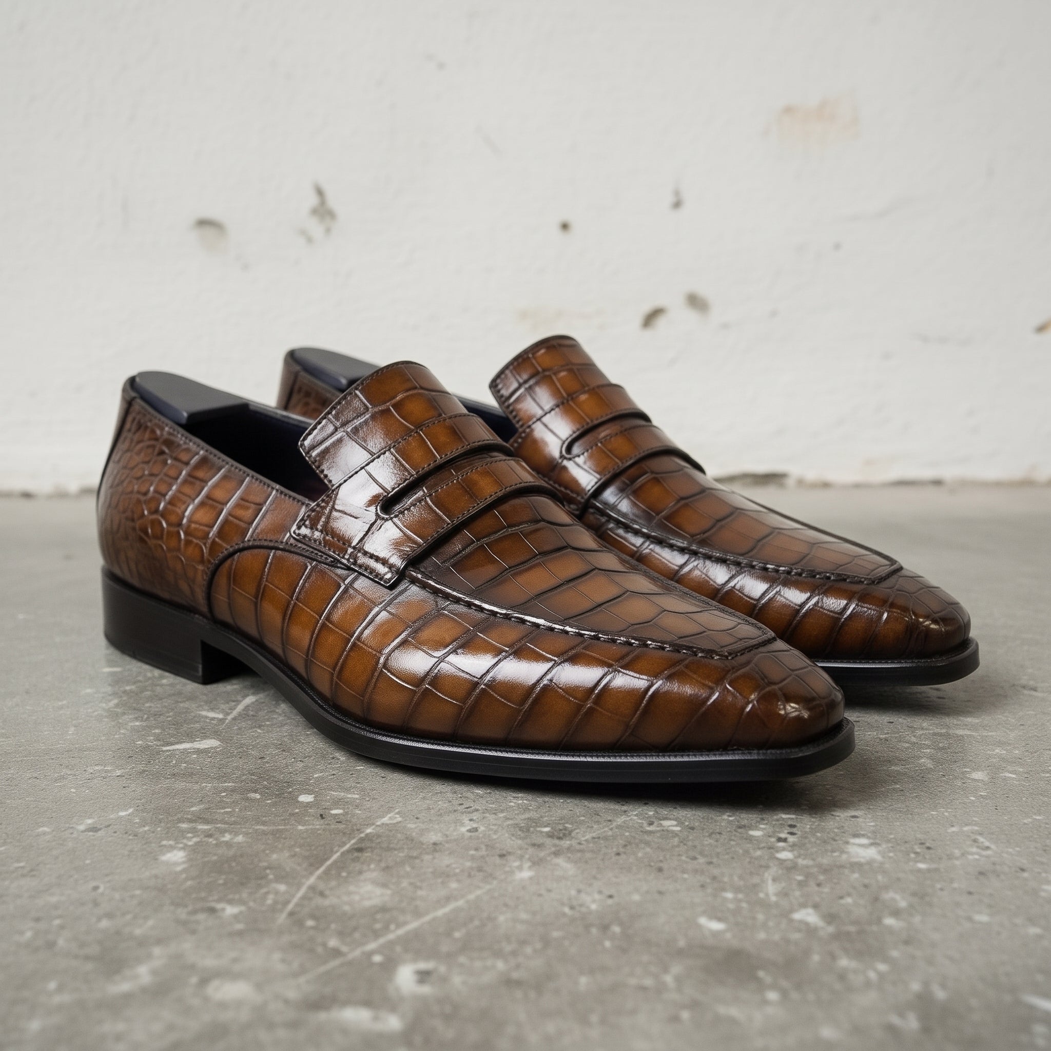 Men's Brown Alligator-Embossed Leather Penny Loafers — Harcourt