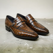 Mens brown Alligators shoes, crocodile embossed Leather moccasins - angle-view-showing-depth