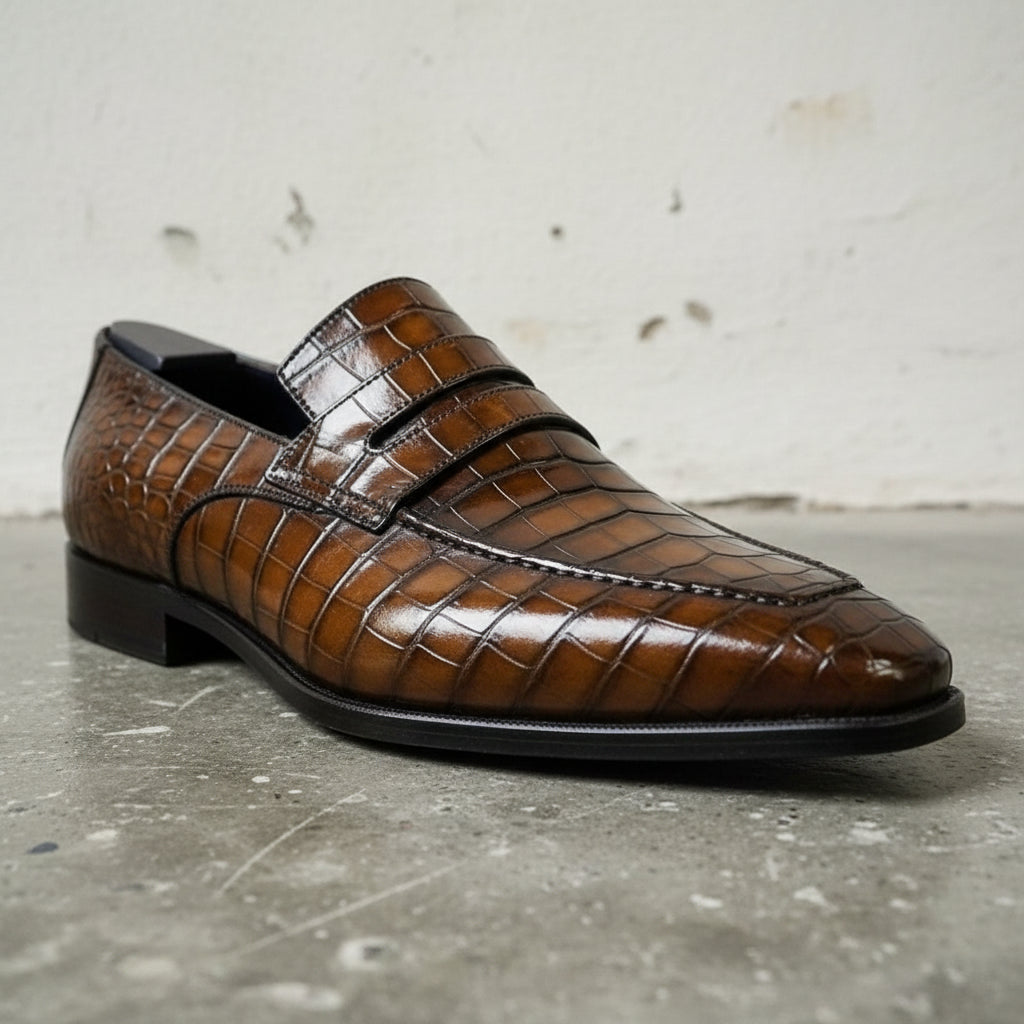 Mens brown Alligators shoes, crocodile embossed Leather moccasins - detail-view-showing-texture