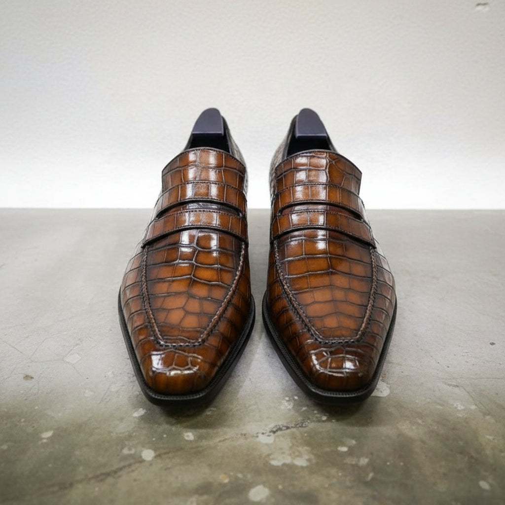 Mens brown Alligators shoes, crocodile embossed Leather moccasins - front-view