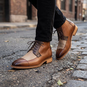 Men's Brown and Beige Cap-Toe Leather Derby Boots — Fulton