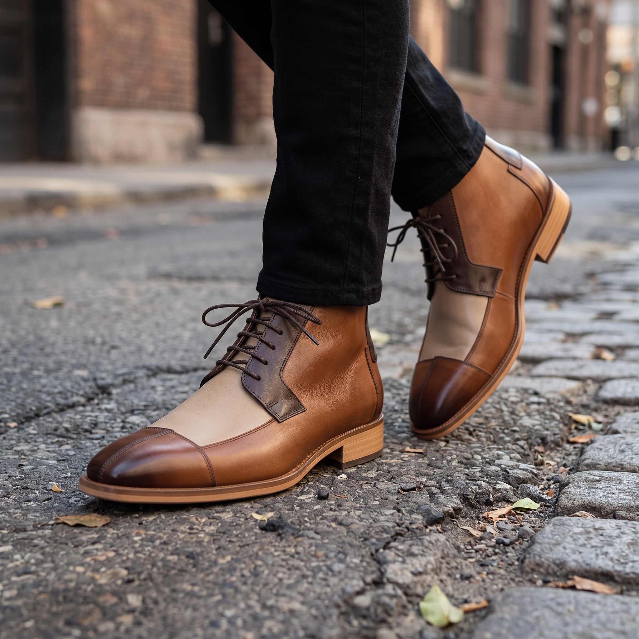Men's Brown and Beige Cap-Toe Leather Derby Boots — Fulton