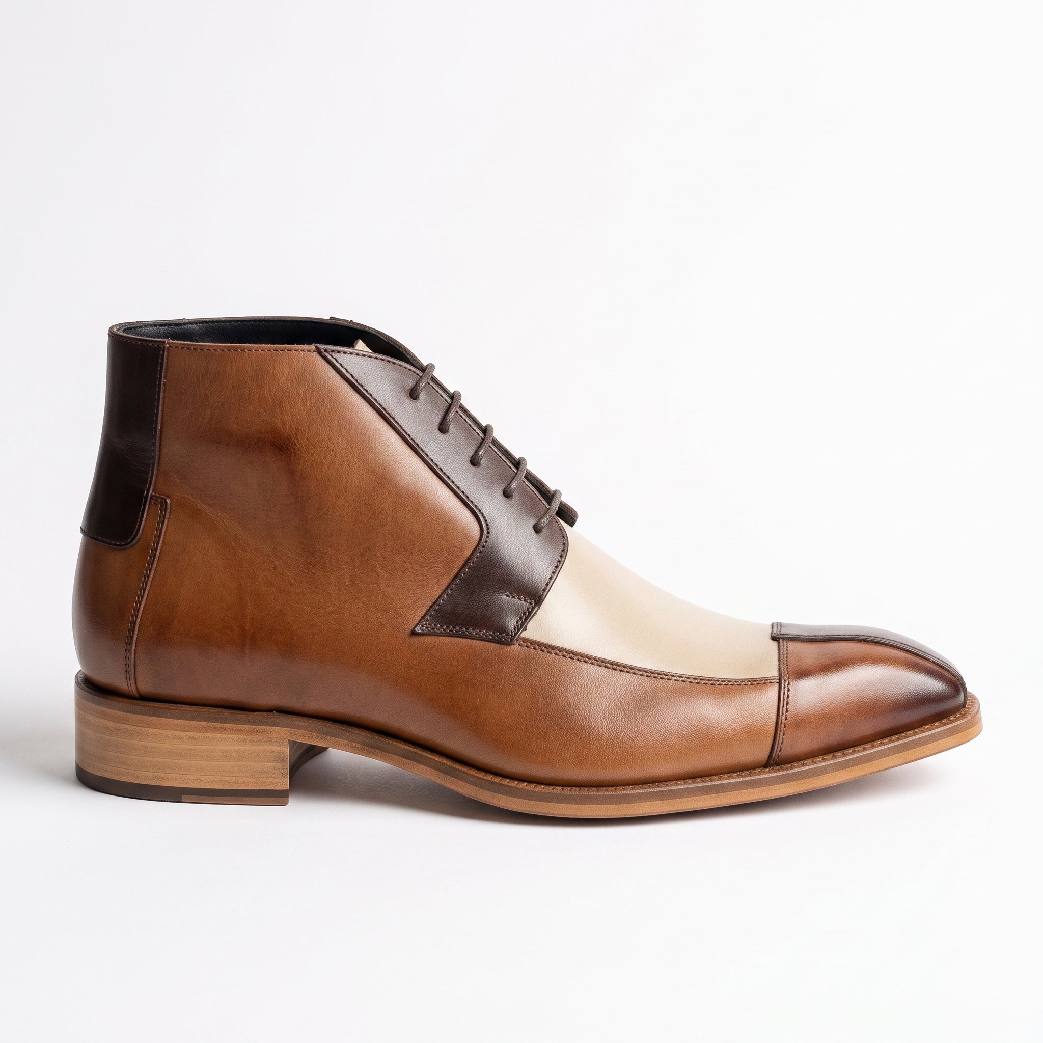 Men's Brown and Beige Cap-Toe Leather Derby Boots — Fulton