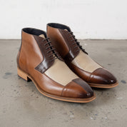 Men's Brown and Beige Cap-Toe Leather Derby Boots — Fulton