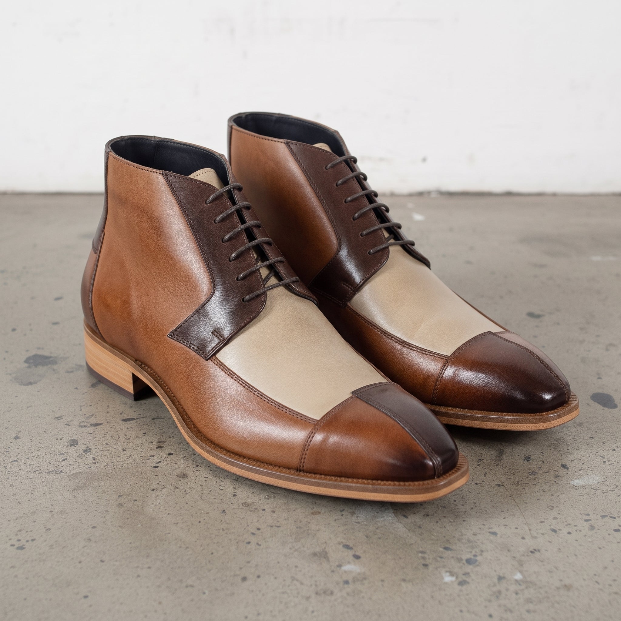 Men's Brown and Beige Cap-Toe Leather Derby Boots — Fulton