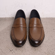 Men's Brown and Black Apron-Toe Leather Penny Loafers — Cheltenham