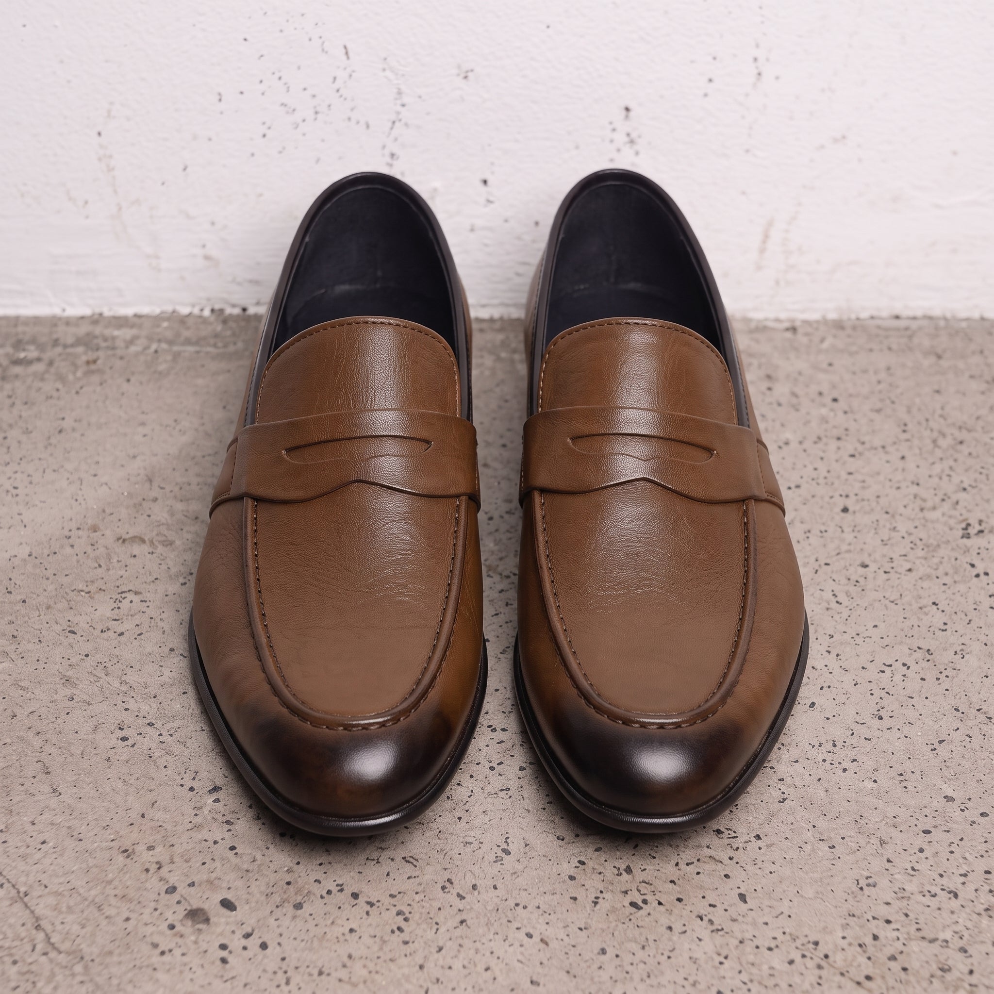 Men's Brown and Black Apron-Toe Leather Penny Loafers — Cheltenham