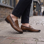 Men's Brown and Black Apron-Toe Leather Penny Loafers — Cheltenham