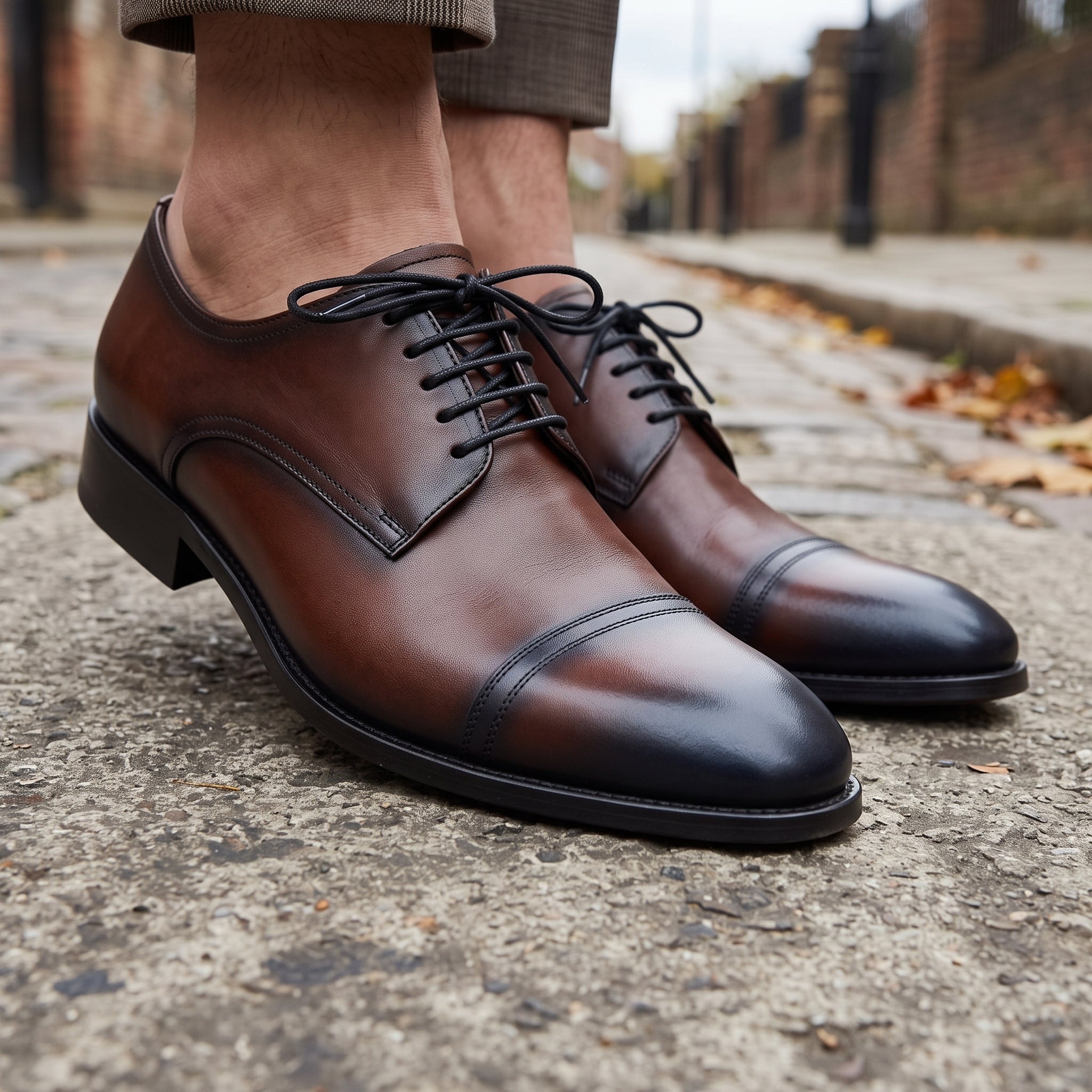 Men's Brown and Black Cap-Toe Leather Derbys — Branscombe