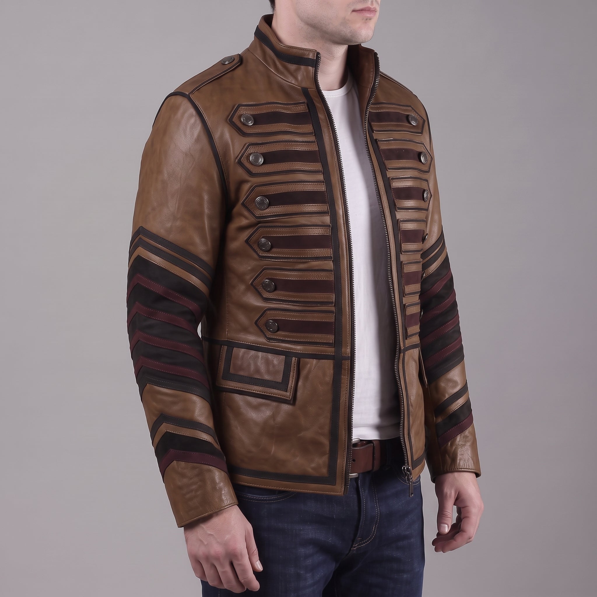 Men's Brown and Black Leather Military Jacket — Abberdon