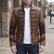 Men's Brown and Black Leather Military Jacket — Abberdon