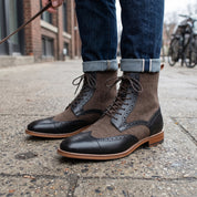 Men's Brown and Black Herringbone-Embossed Leather Wingtip Derby Boots — Cassell