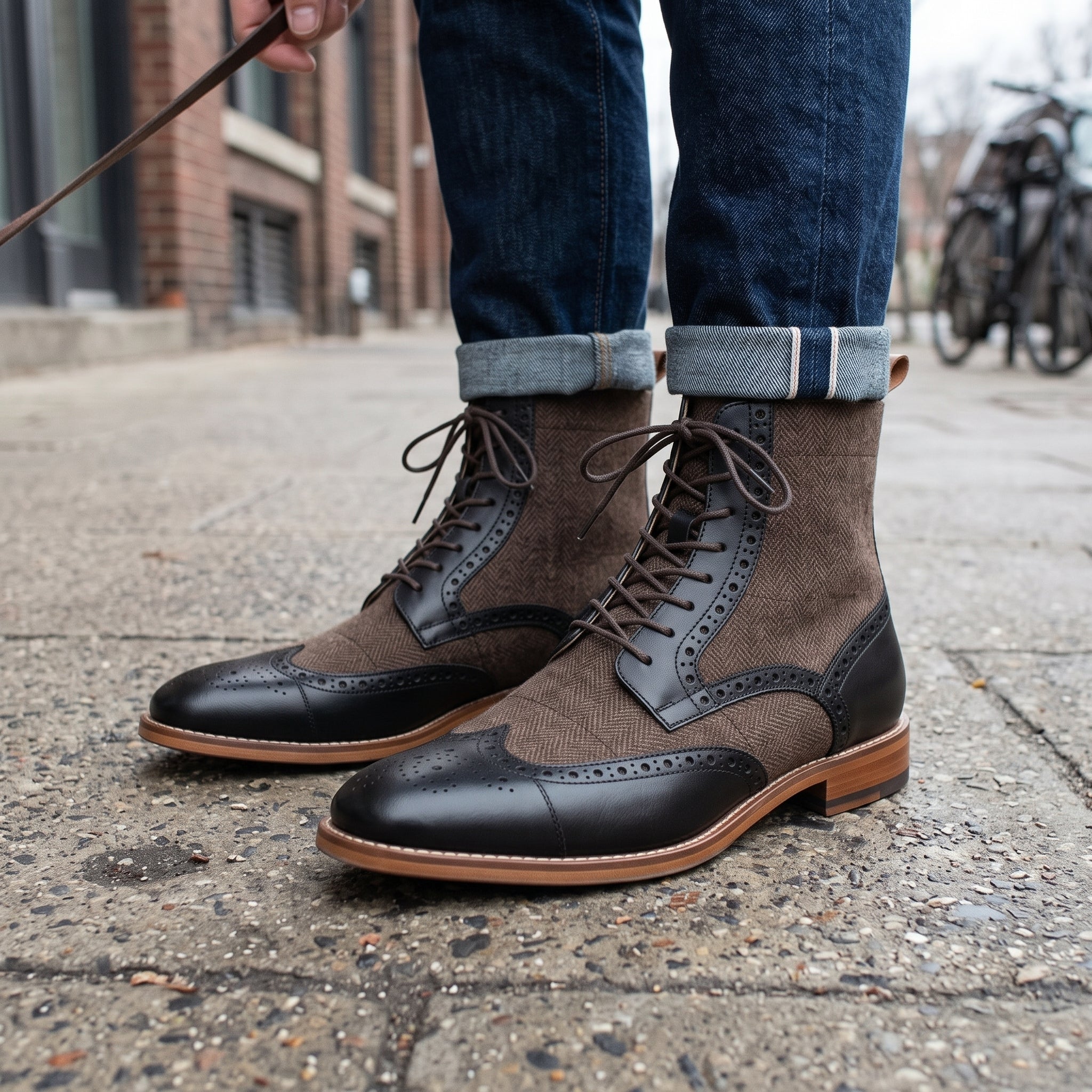 Men's Brown and Black Herringbone-Embossed Leather Wingtip Derby Boots — Cassell