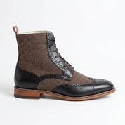 Men's Brown and Black Herringbone-Embossed Leather Wingtip Derby Boots — Cassell