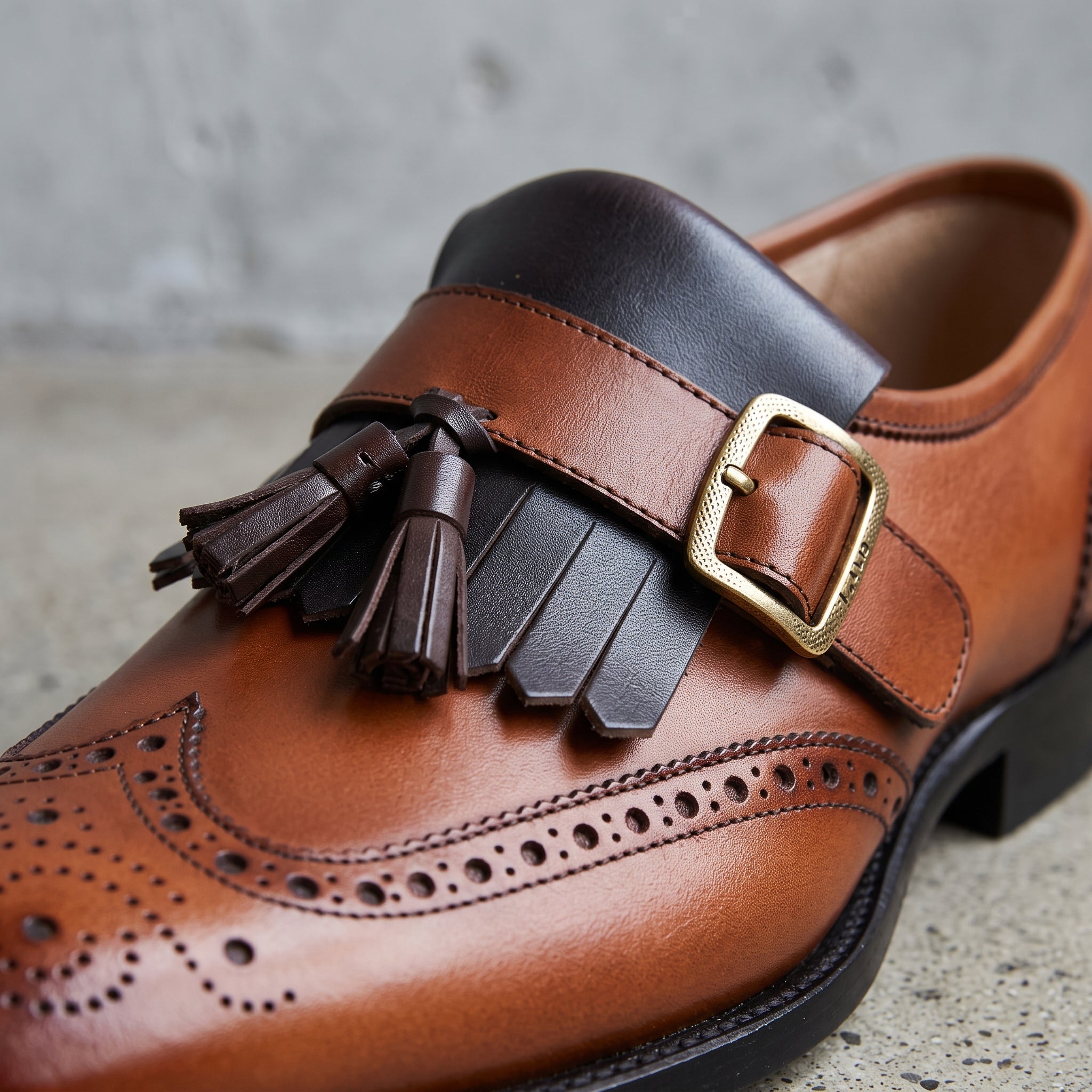 Men's Brown and Black Two-Tone Wingtip Leather Monk Strap Shoes — Maxwell