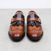 Men's Brown and Black Two-Tone Wingtip Leather Monk Strap Shoes — Maxwell