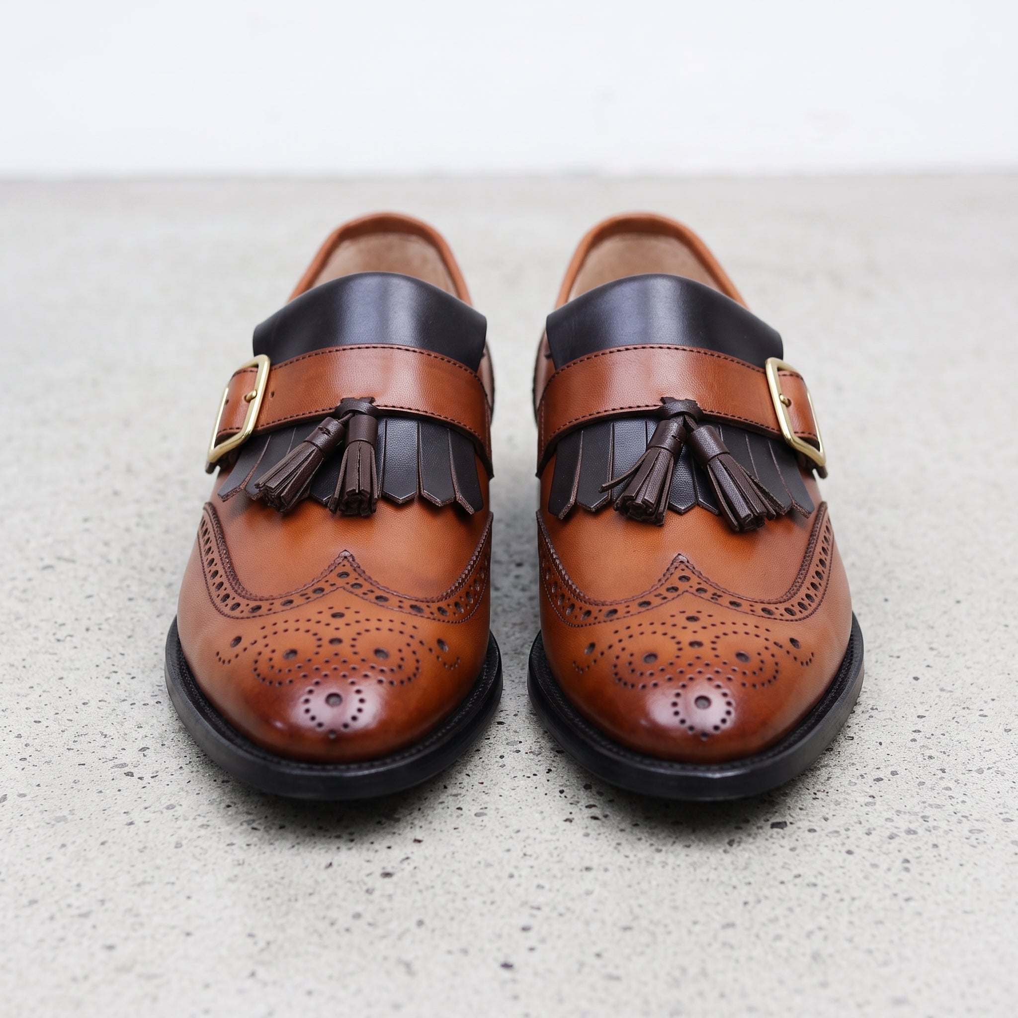 Men's Brown and Black Two-Tone Wingtip Leather Monk Strap Shoes — Maxwell