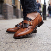 Men's Brown and Black Two-Tone Wingtip Leather Monk Strap Shoes — Maxwell