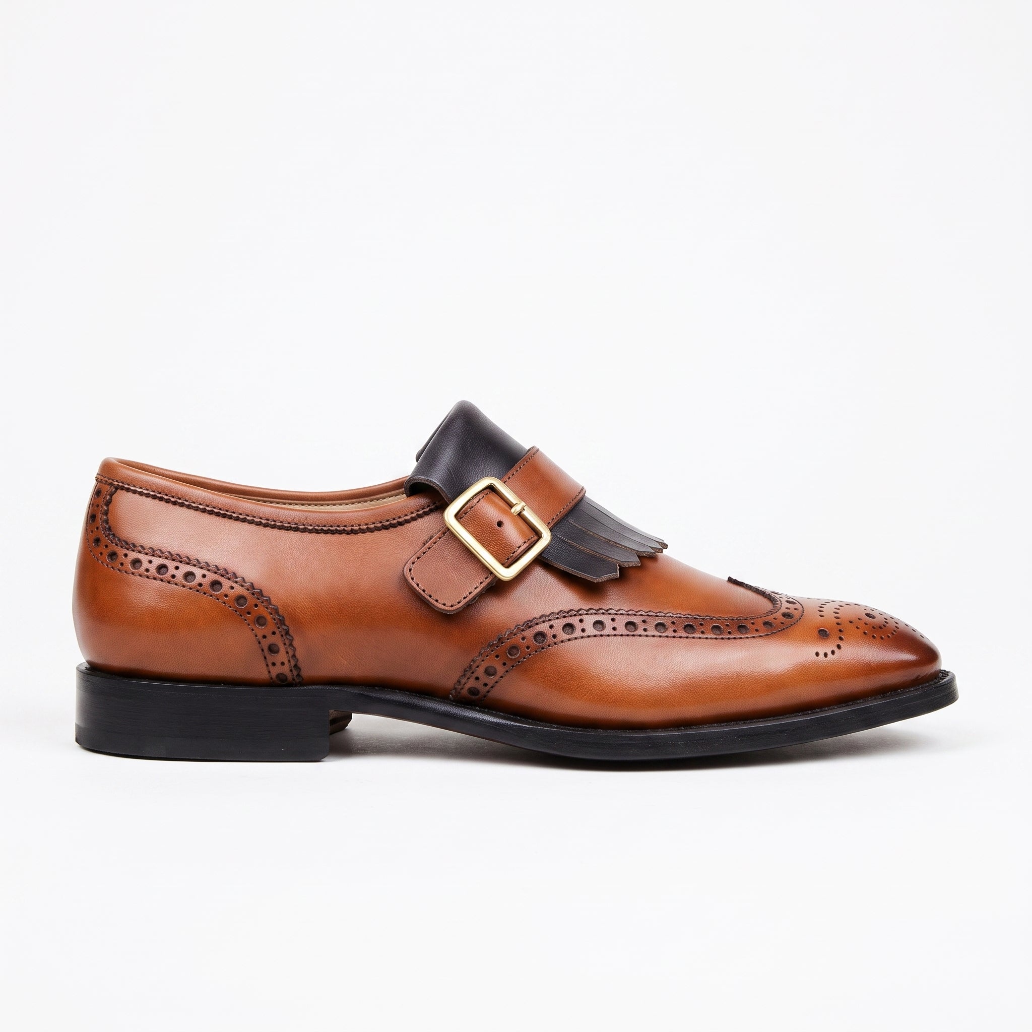 Men's Brown and Black Two-Tone Wingtip Leather Monk Strap Shoes — Maxwell