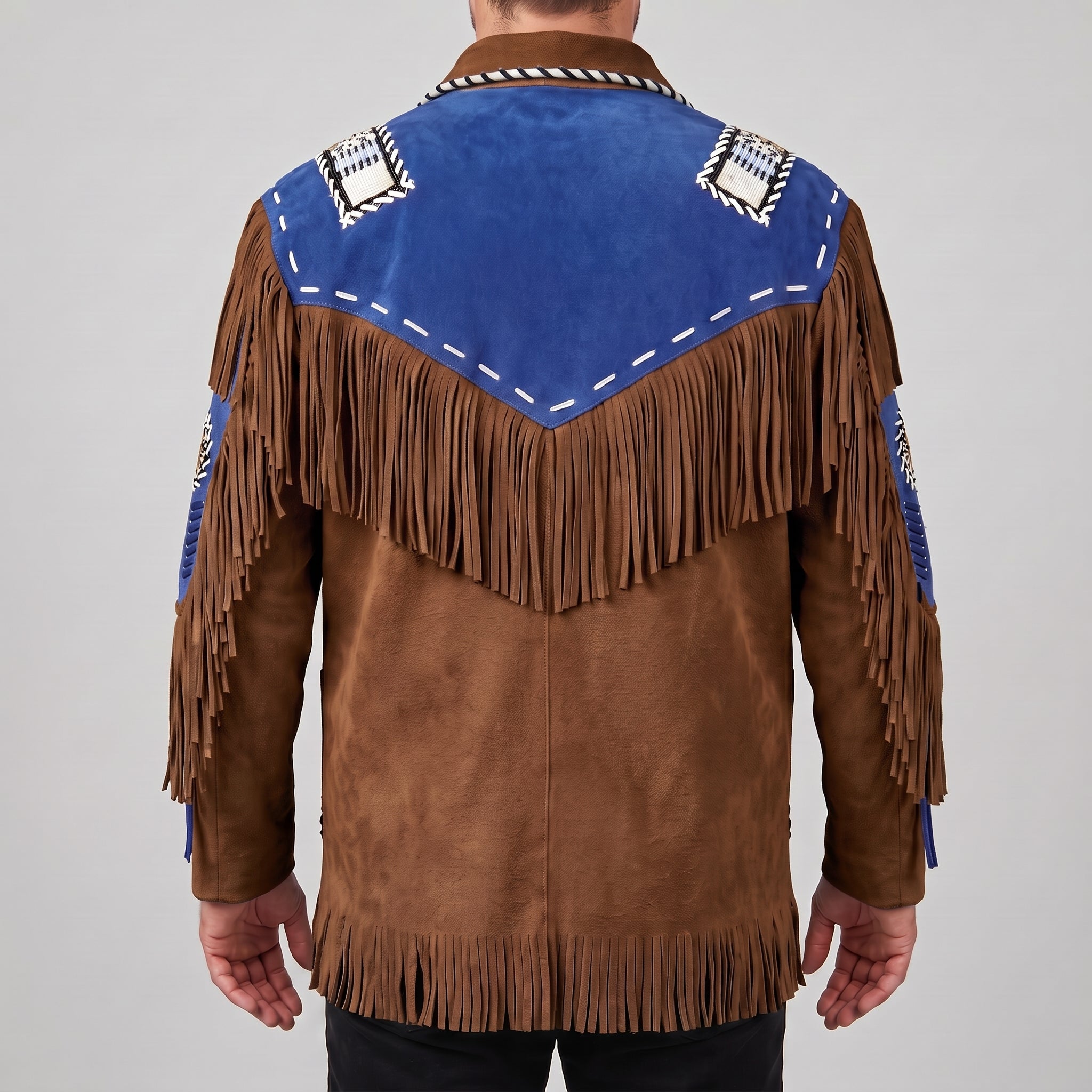 Men's Brown and Blue Fringed Suede Western Jacket — Eastham