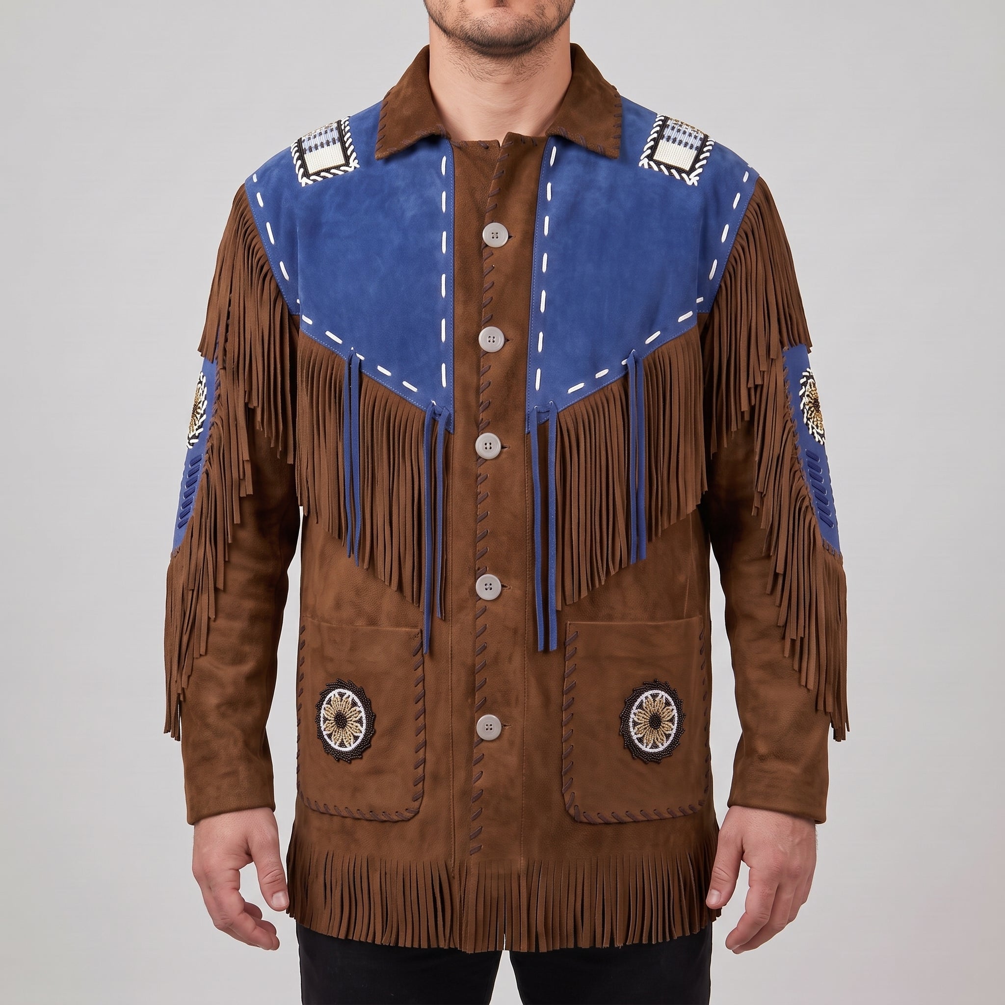 Men's Brown and Blue Fringed Suede Western Jacket — Eastham