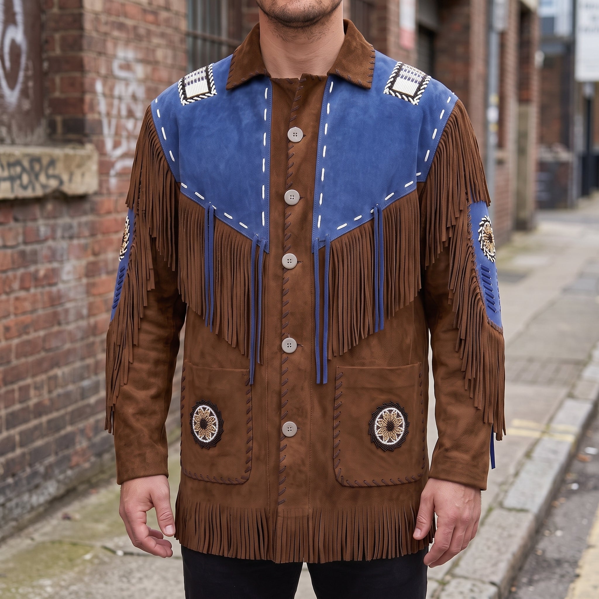 Men's Brown and Blue Fringed Suede Western Jacket — Eastham