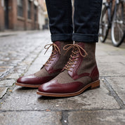 Men's Brown and Burgundy Herringbone-Embossed Leather Wingtip Derby Boots — Cassell