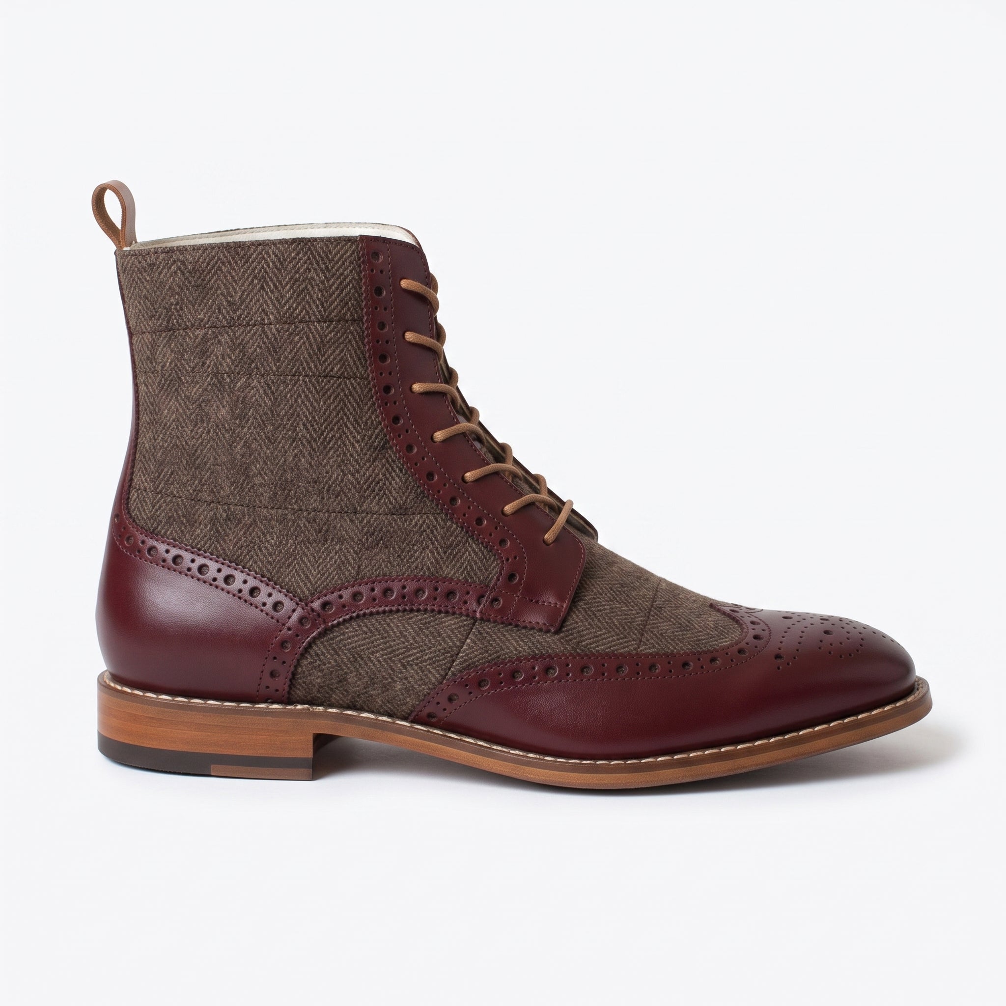 Men's Brown and Burgundy Herringbone-Embossed Leather Wingtip Derby Boots — Cassell