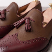 Men's Brown and Burgundy Wingtip Leather Tassel Loafers — Badlesmere