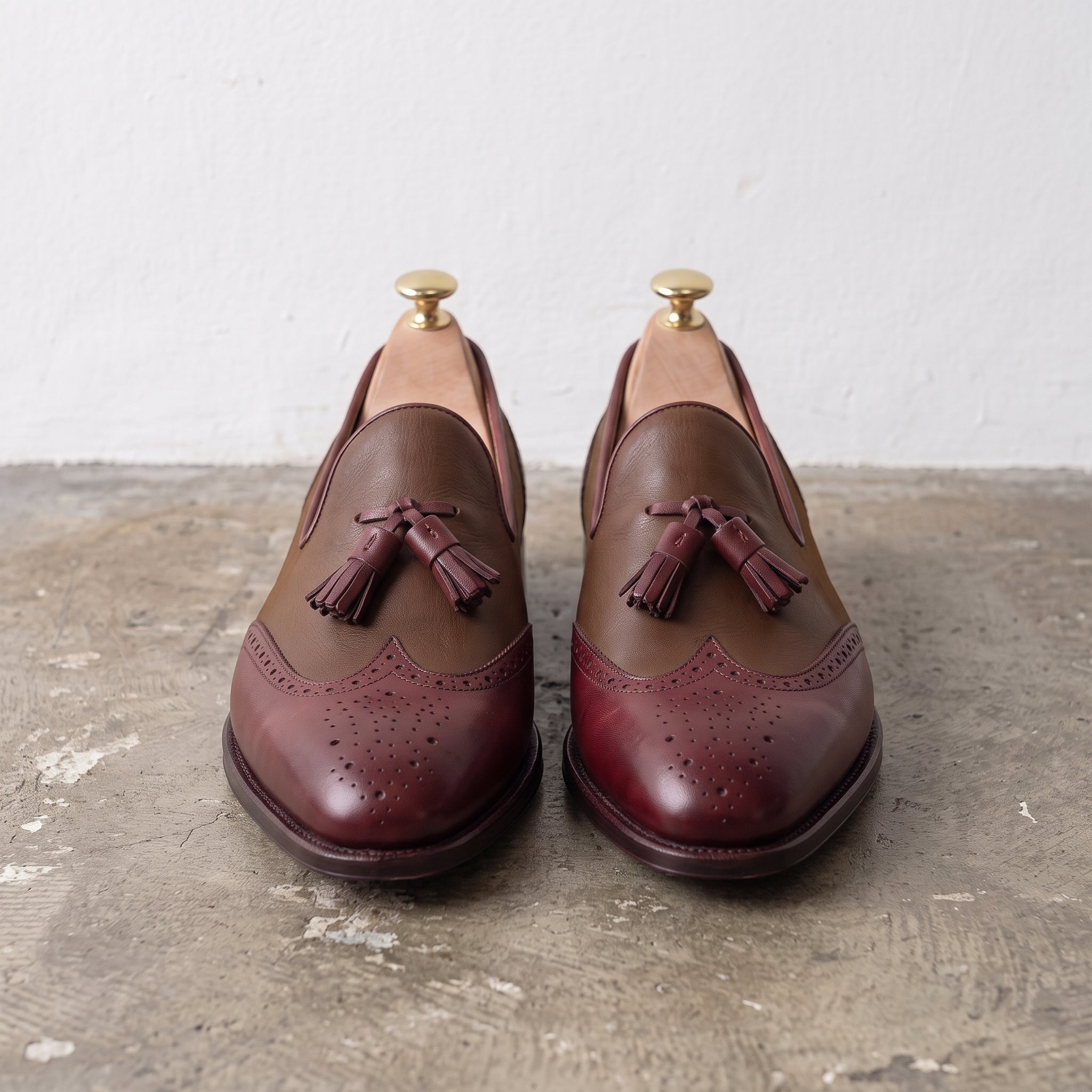 Men's Brown and Burgundy Wingtip Leather Tassel Loafers — Badlesmere