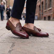 Men's Brown and Burgundy Wingtip Leather Tassel Loafers — Badlesmere