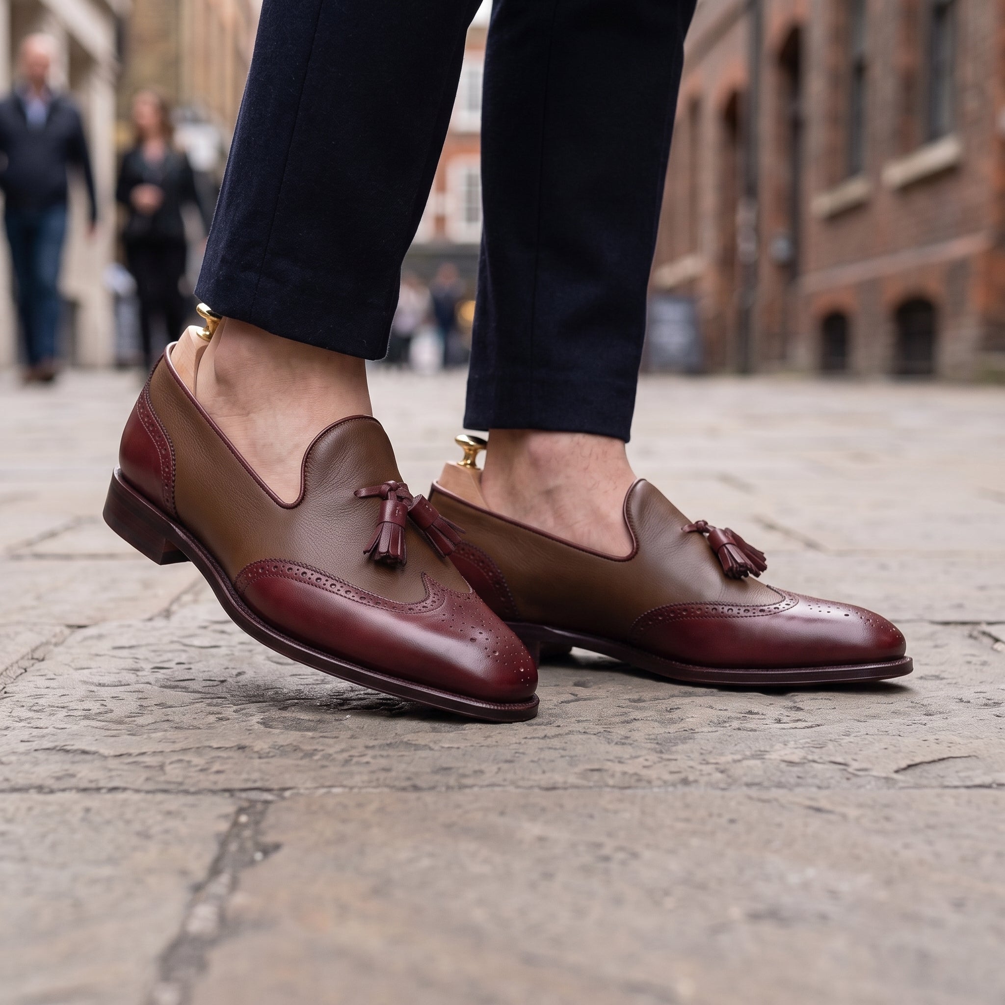 Men's Brown and Burgundy Wingtip Leather Tassel Loafers — Badlesmere