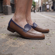 Men's Brown and Dark Blue Apron-Toe Leather Penny Loafers — Stapleton