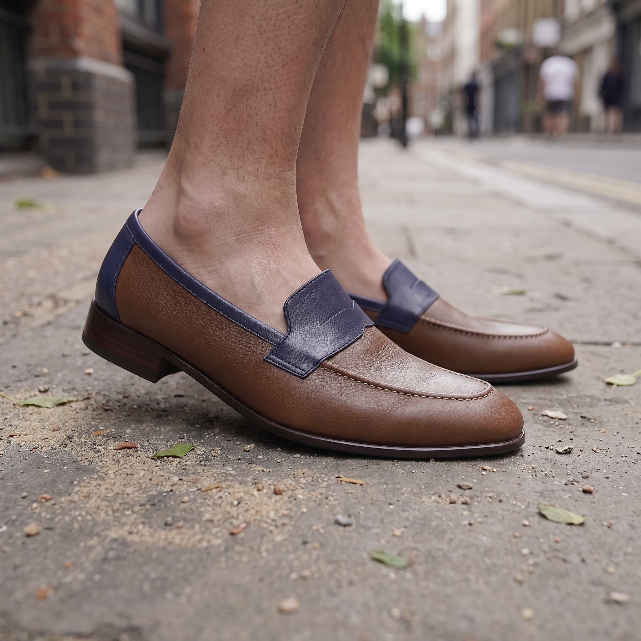 Men's Brown and Dark Blue Apron-Toe Leather Penny Loafers — Stapleton