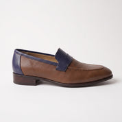 Men's Brown and Dark Blue Apron-Toe Leather Penny Loafers — Stapleton