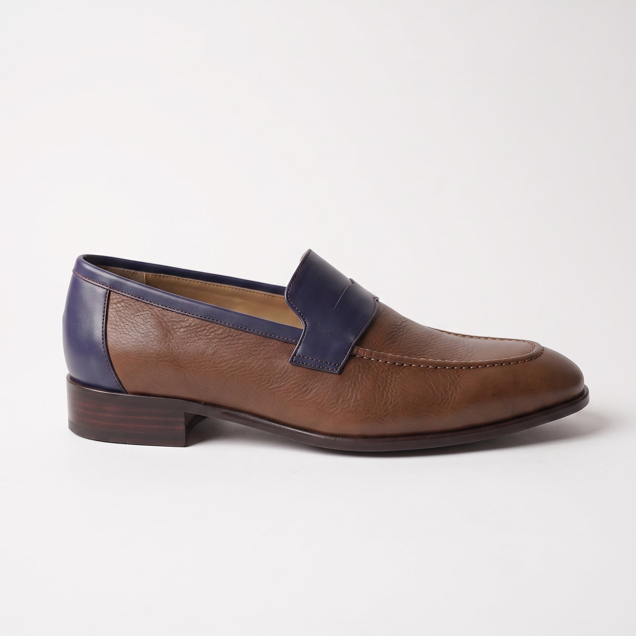 Men's Brown and Dark Blue Apron-Toe Leather Penny Loafers — Stapleton