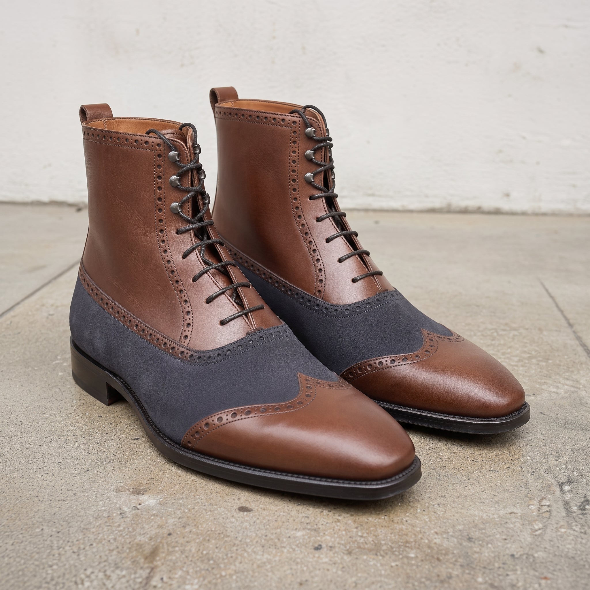 Men's Brown and Dark Blue Cap-Toe Leather Ankle Boots — Streatham