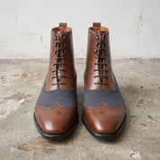 Men's Brown and Dark Blue Cap-Toe Leather Ankle Boots — Streatham