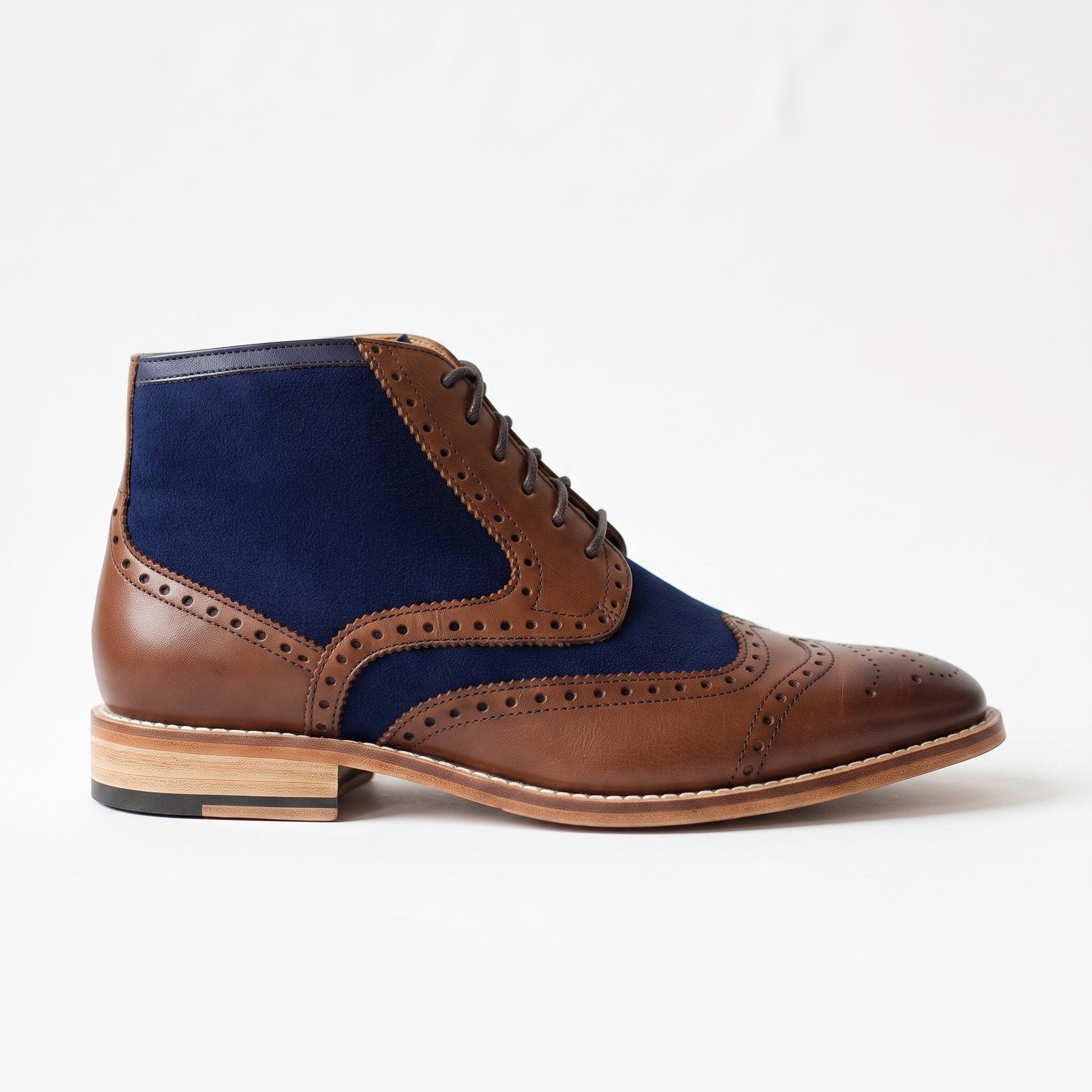 Men's Brown and Dark Blue Cap-Toe Leather Derby Boots — Dunsley